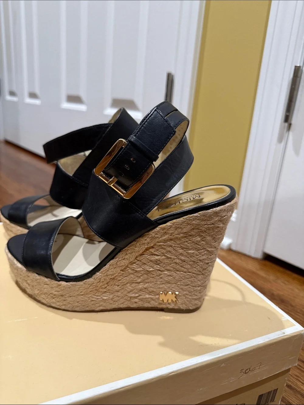 Michael Kors Black Leather Espadrille Wedge Sandals